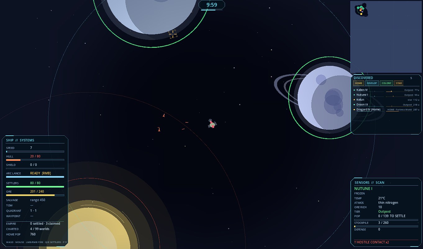 The player's ship down to a quarter of its hull, with raiders closing from the left and a hostile contact warning on the scan panel.