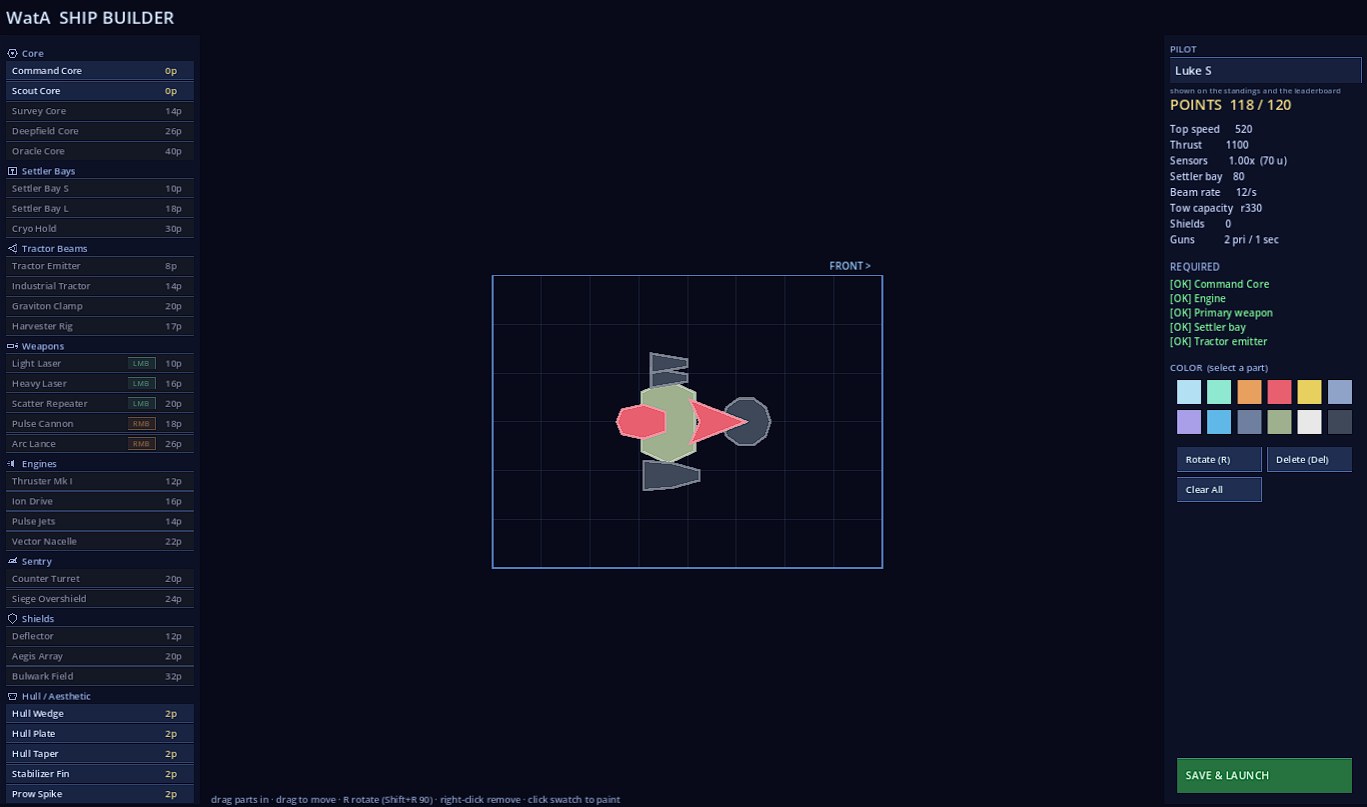 The ship builder: a parts palette on the left, a ship assembled from vector components in the centre, and a panel on the right with the pilot's name, 118 of 120 points spent and a live stats readout.
