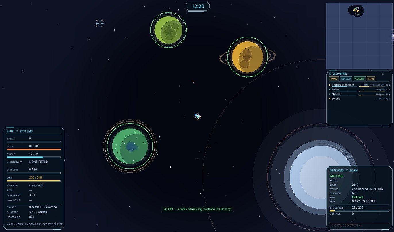 A star system seen from the ship: three worlds ringed in green, a scan readout for a toxic world called Mitune, and an alert that a raider is attacking the home world.