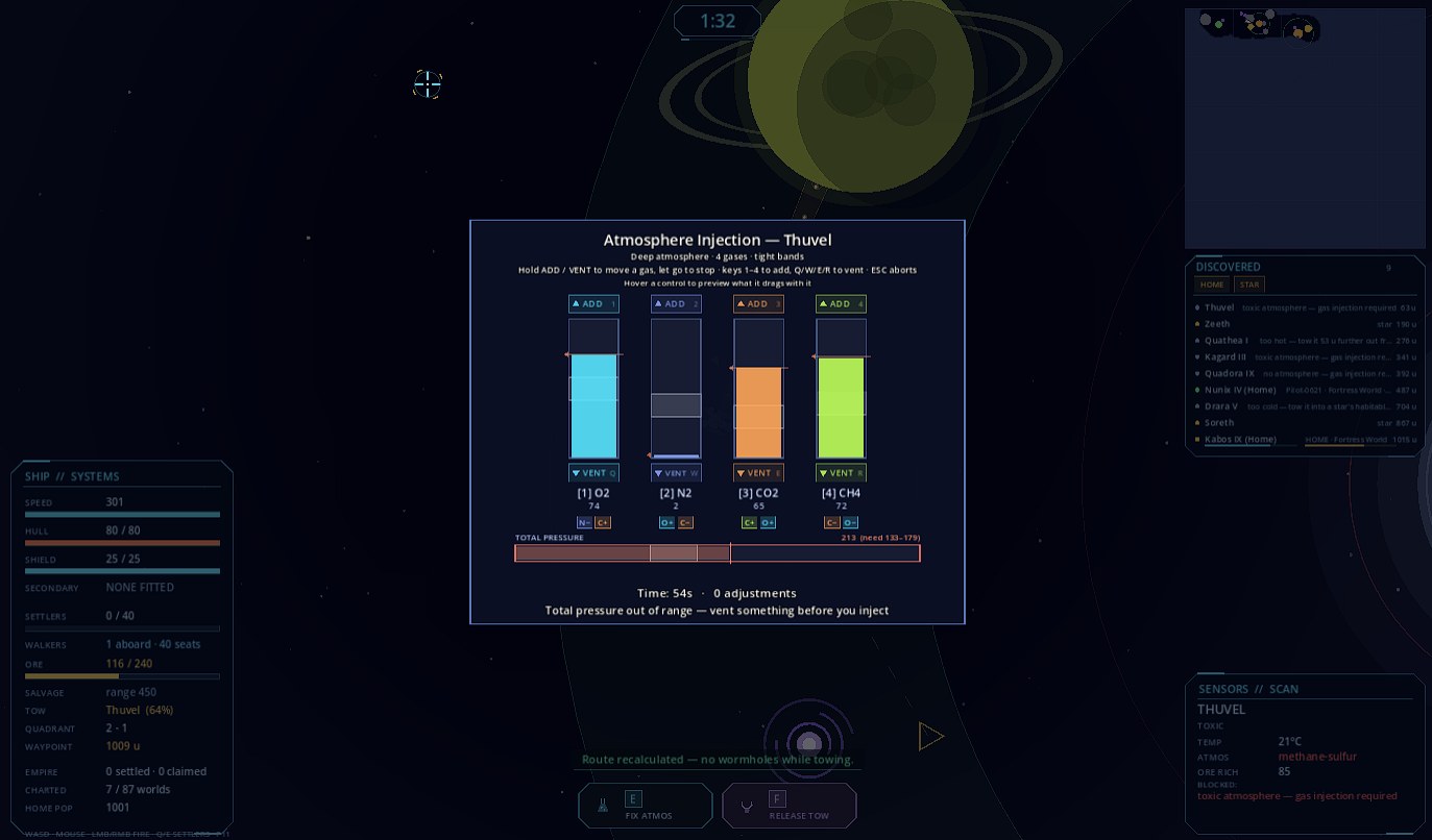 The atmosphere injection mini-game: four gas columns with target bands, add and vent controls, a total pressure gauge reading out of range, and a countdown.