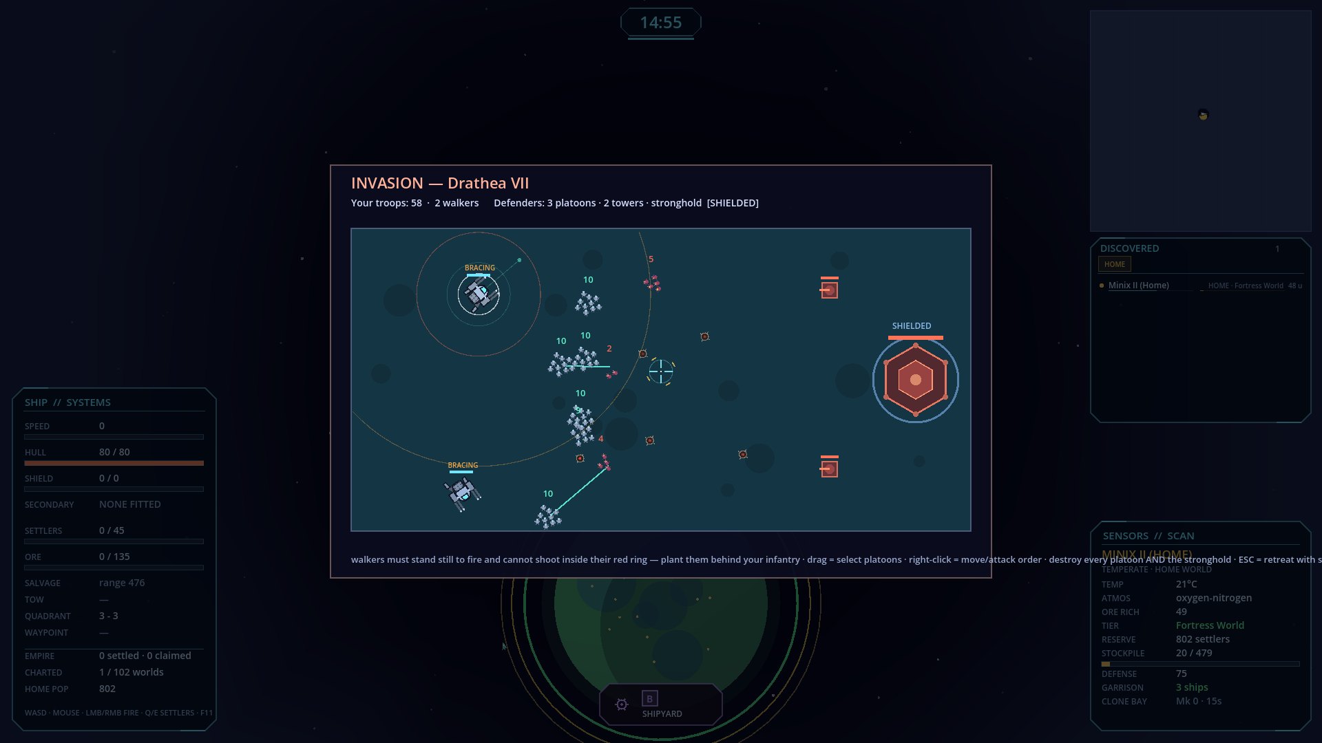 The ground invasion screen: player platoons and two siege walkers advancing on native platoons, defence towers and a shielded stronghold.